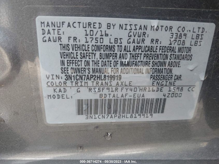 2017 NISSAN VERSA SEDAN S - 3N1CN7AP2HL819919