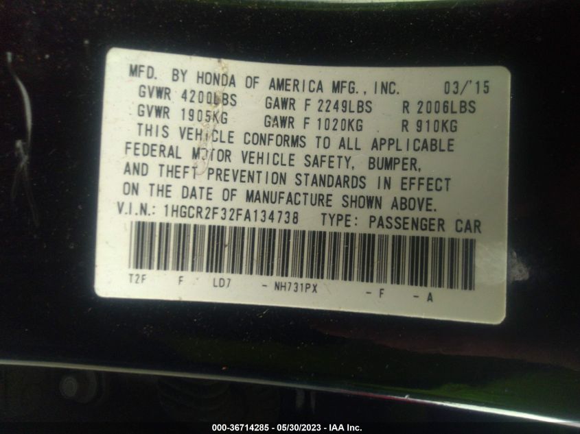 2015 HONDA ACCORD LX - 1HGCR2F32FA134738
