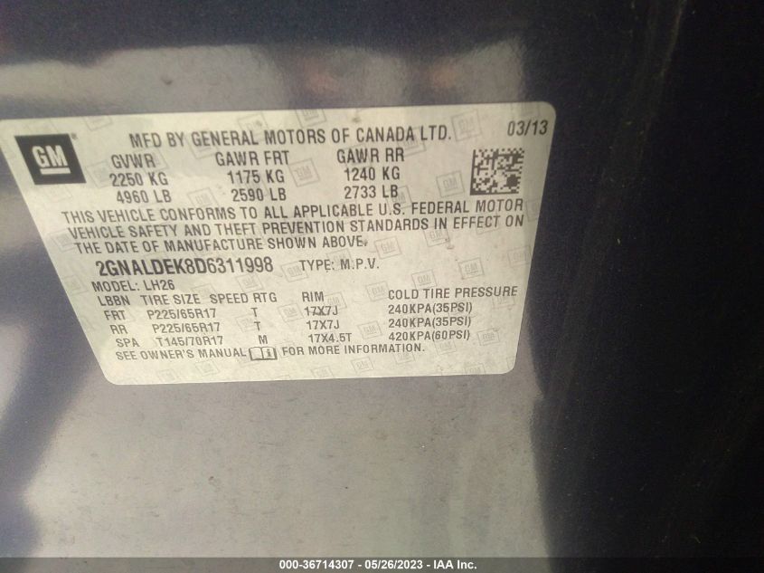 2013 CHEVROLET EQUINOX LT - 2GNALDEK8D6311998