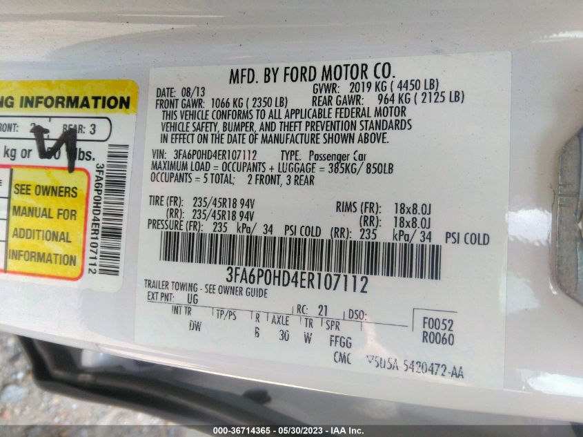2014 FORD FUSION SE - 3FA6P0HD4ER107112