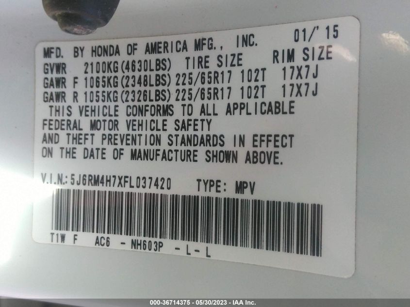 2015 HONDA CR-V EX-L - 5J6RM4H7XFL037420