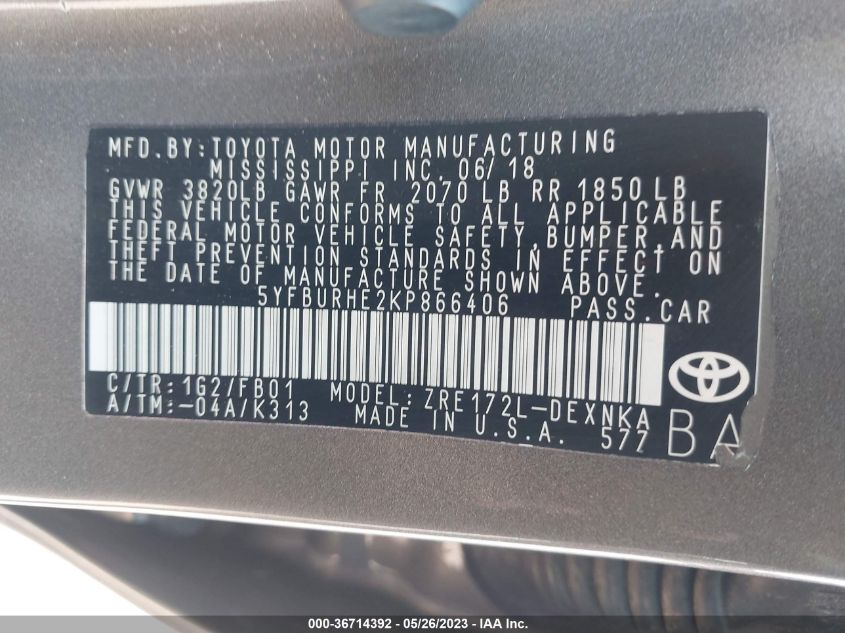 2019 TOYOTA COROLLA L/LE/SE/XLE/XSE - 5YFBURHE2KP866406