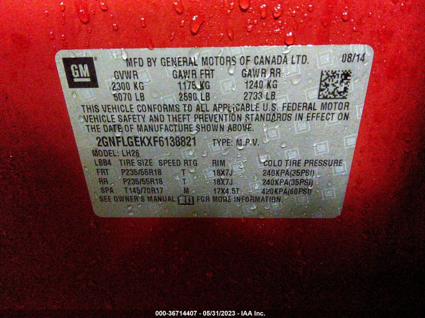 2015 CHEVROLET EQUINOX LT - 2GNFLGEKXF6138821