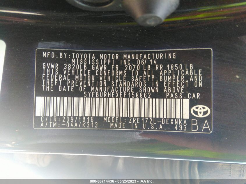 2014 TOYOTA COROLLA L/LE/S/S PLUS/LE PLUS - 5YFBURHEXEP158862