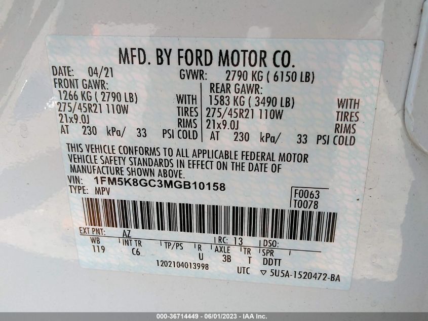 2021 FORD EXPLORER ST - 1FM5K8GC3MGB10158