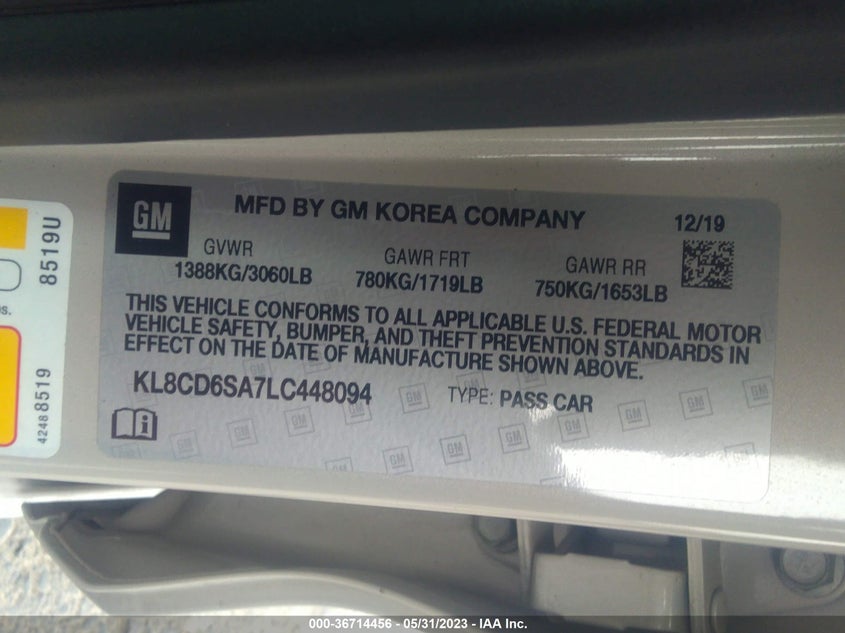 VIN KL8CD6SA7LC448094 2020 CHEVROLET SPARK LT