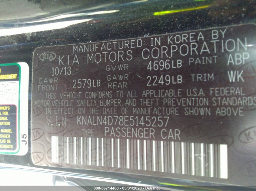 2014 KIA CADENZA PREMIUM KNALN4D78E5145257