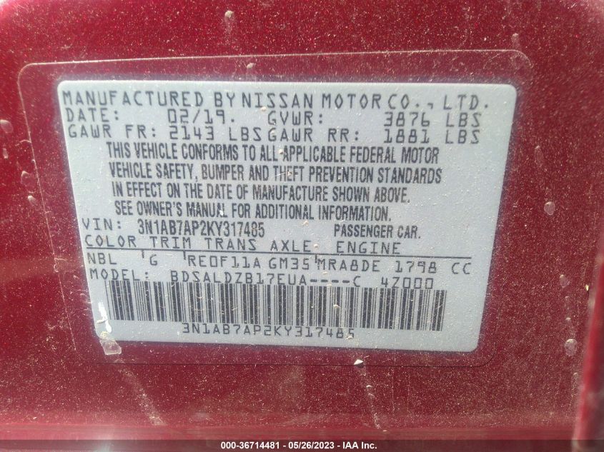 2019 NISSAN SENTRA SV - 3N1AB7AP2KY317485