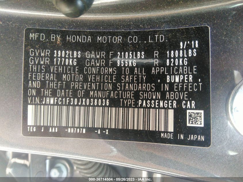 2018 HONDA CIVIC SEDAN EX-T - JHMFC1F30JX038036