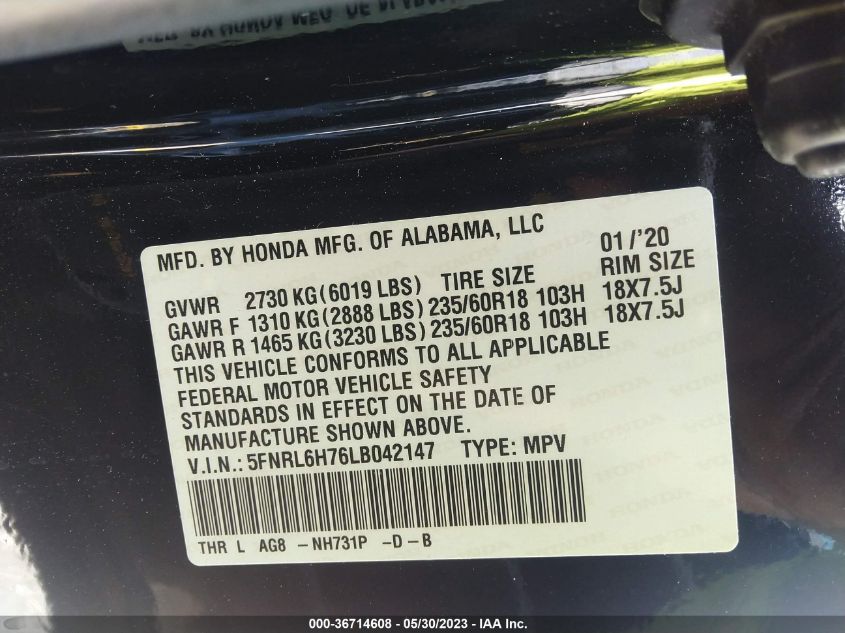 2020 HONDA ODYSSEY EX-L - 5FNRL6H76LB042147