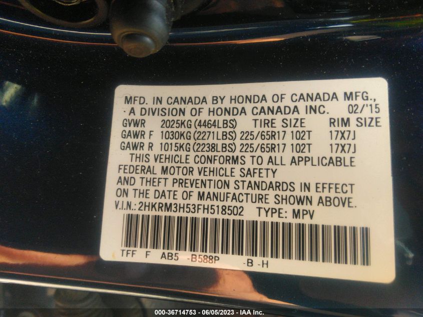 2015 HONDA CR-V EX - 2HKRM3H53FH518502