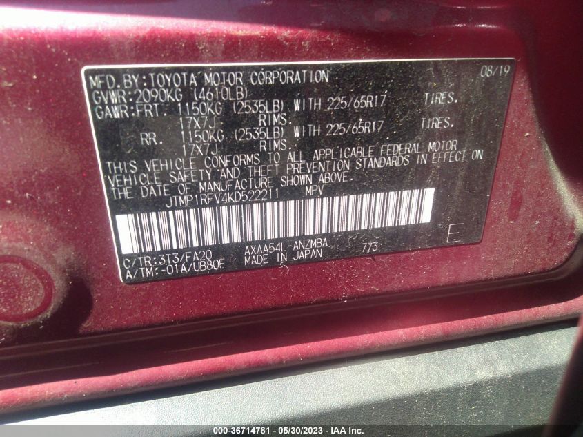 2019 TOYOTA RAV4 XLE/XLE PREMIUM - JTMP1RFV4KD522211