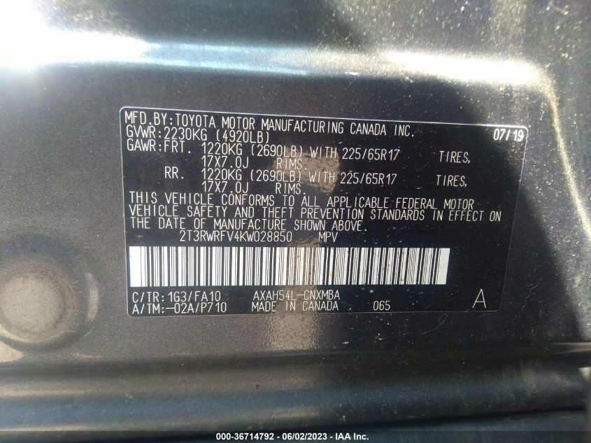 2019 TOYOTA RAV4 HYBRID XLE - 2T3RWRFV4KW028850