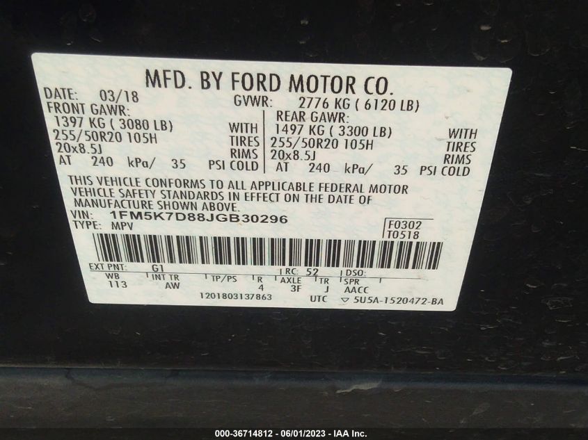 2018 FORD EXPLORER XLT - 1FM5K7D88JGB30296
