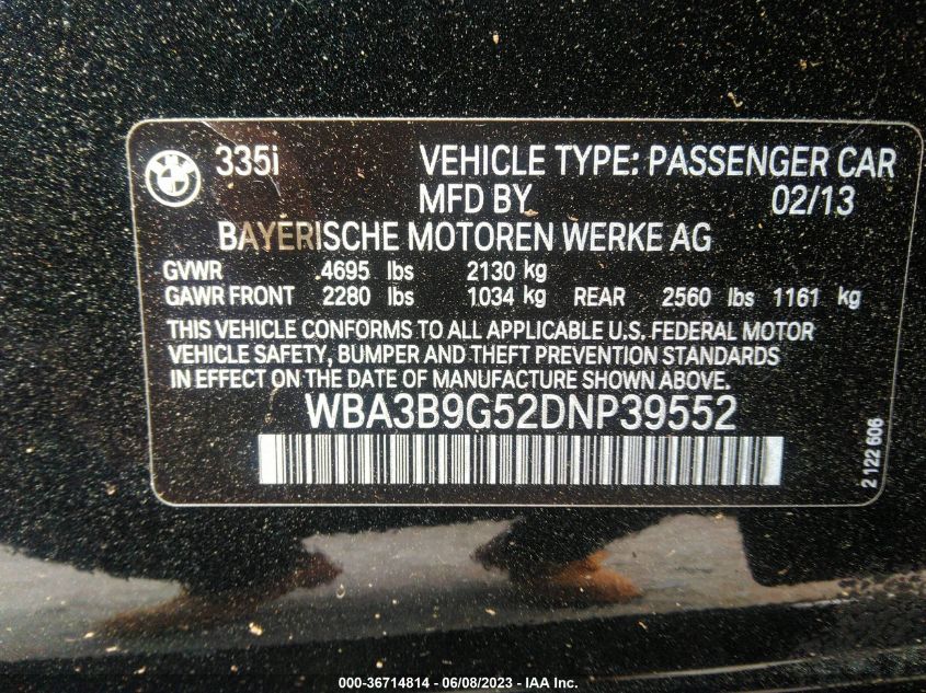 2013 BMW 3 SERIES 335I XDRIVE - WBA3B9G52DNP39552