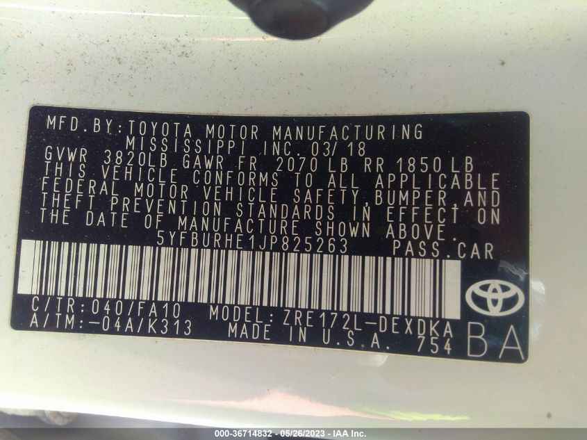 2018 TOYOTA COROLLA L/LE/XLE/SE/XSE - 5YFBURHE1JP825263