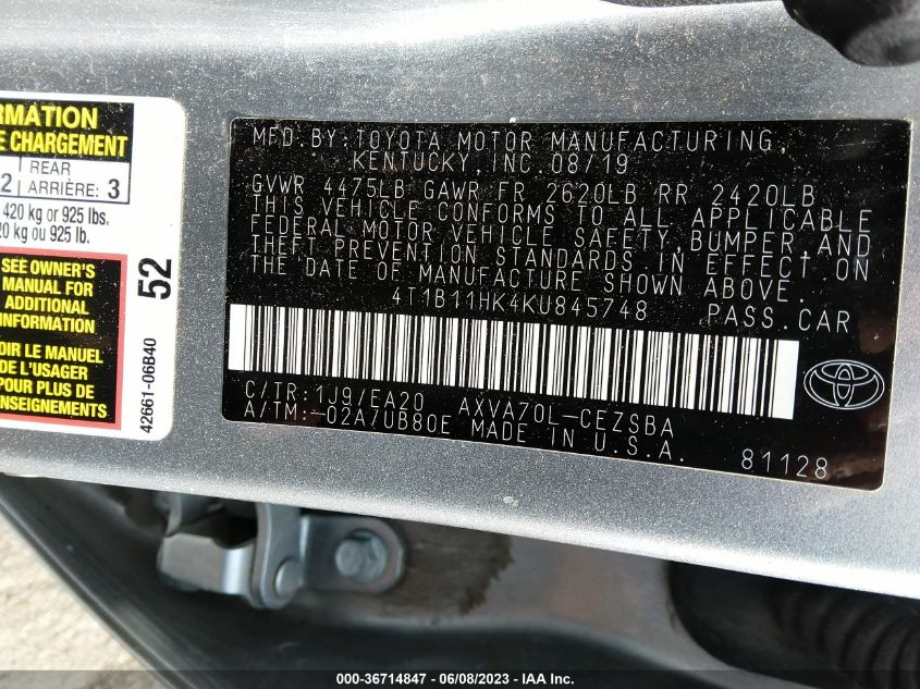 2019 TOYOTA CAMRY L/LE/XLE/SE/XSE - 4T1B11HK4KU845748