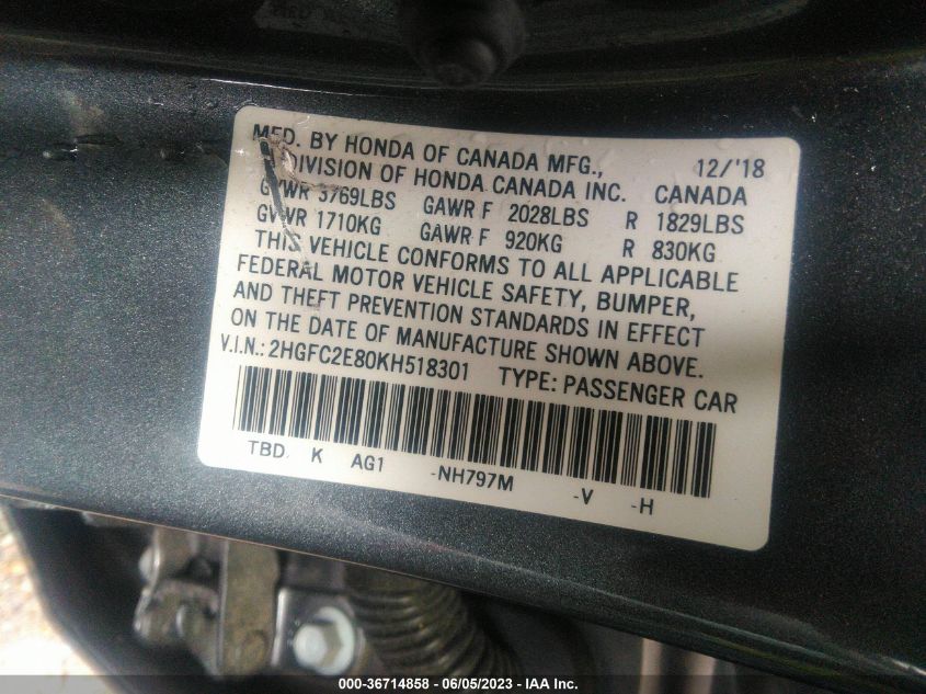 2019 HONDA CIVIC SEDAN SPORT - 2HGFC2E80KH518301