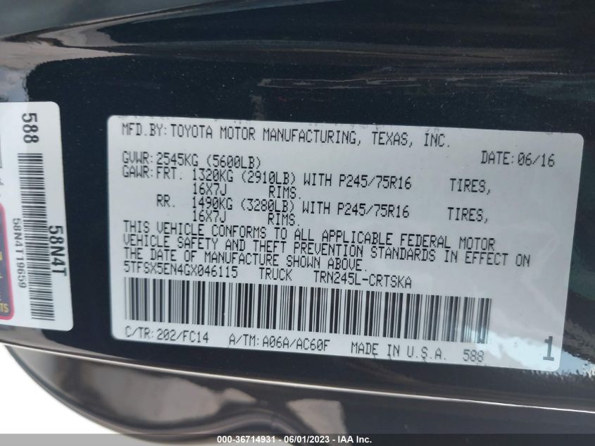 2016 TOYOTA TACOMA SR/SR5 - 5TFSX5EN4GX046115