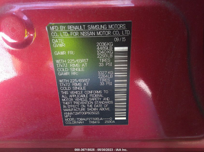 2016 NISSAN ROGUE S - KNMAT2MT0GP605021