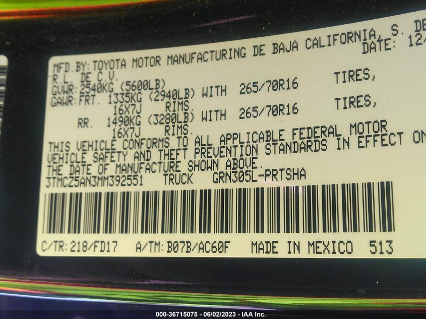 2021 TOYOTA TACOMA 4WD SR/SR5/TRD SPORT - 3TMCZ5AN3MM392551