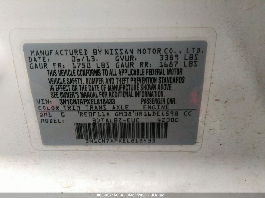 2014 NISSAN VERSA SV - 3N1CN7APXEL818433