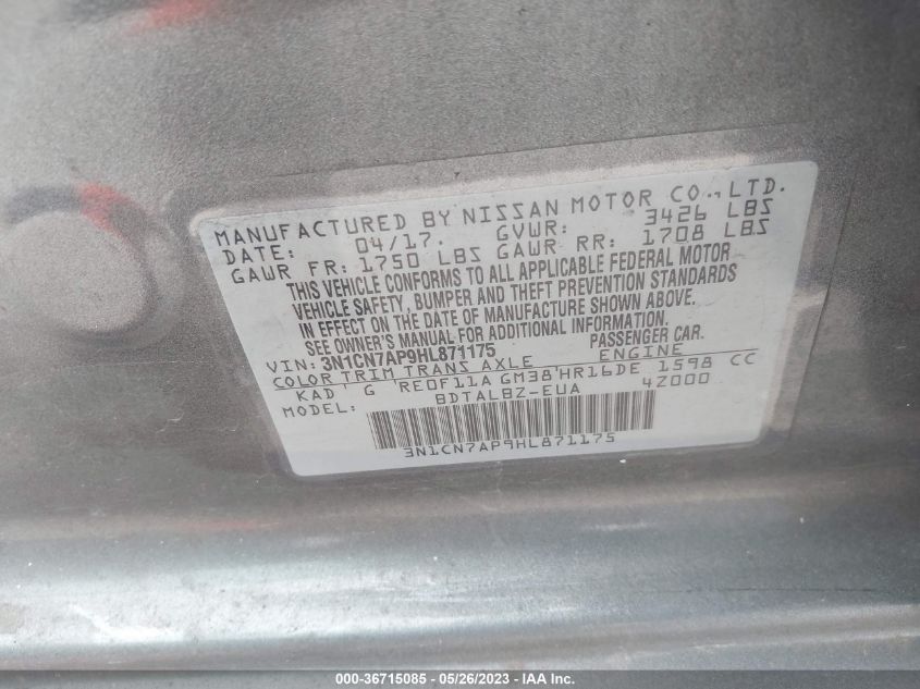 2017 NISSAN VERSA SEDAN SV - 3N1CN7AP9HL871175