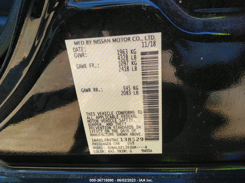 VIN 1N4BL4BV9KC138529 2019 NISSAN ALTIMA 2.5 S