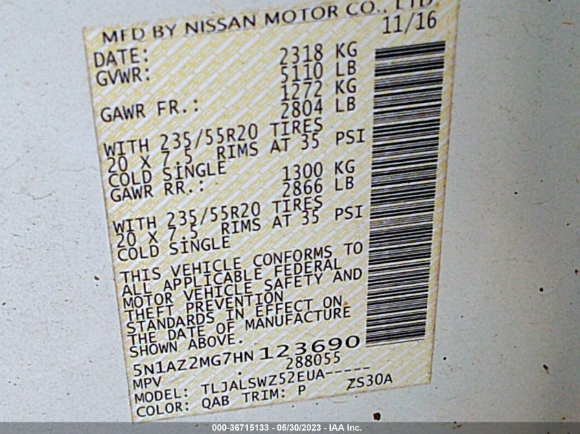 2017 NISSAN MURANO PLATINUM - 5N1AZ2MG7HN123690