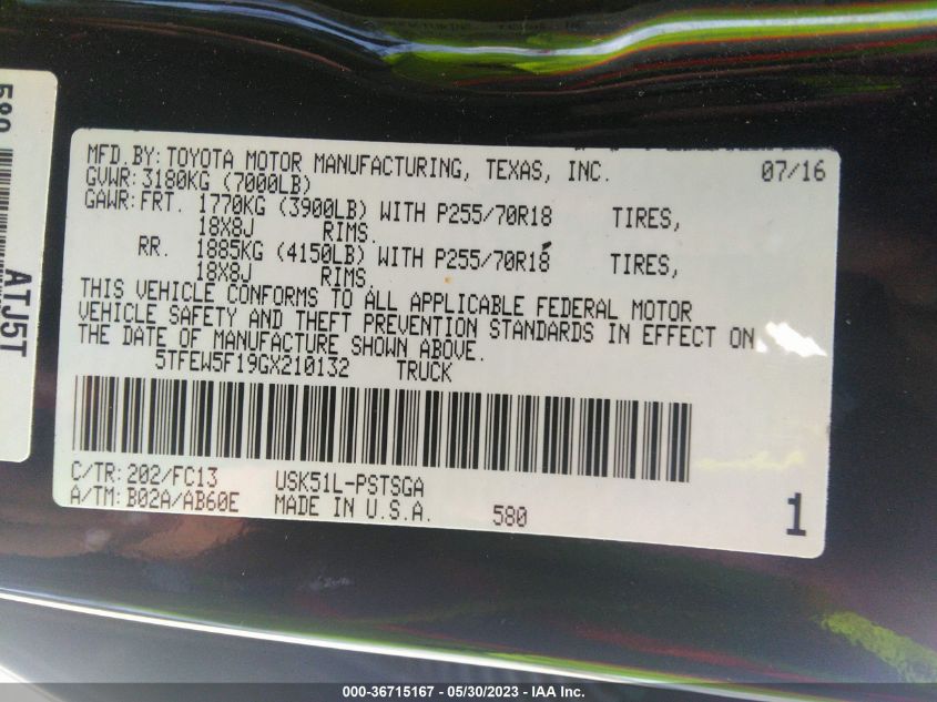 2016 TOYOTA TUNDRA 2WD TRUCK SR5 - 5TFEW5F19GX210132