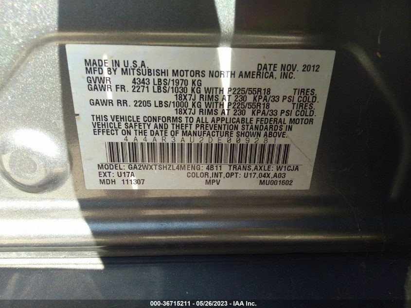 2013 MITSUBISHI OUTLANDER SPORT ES - 4A4AR3AU2DE009281