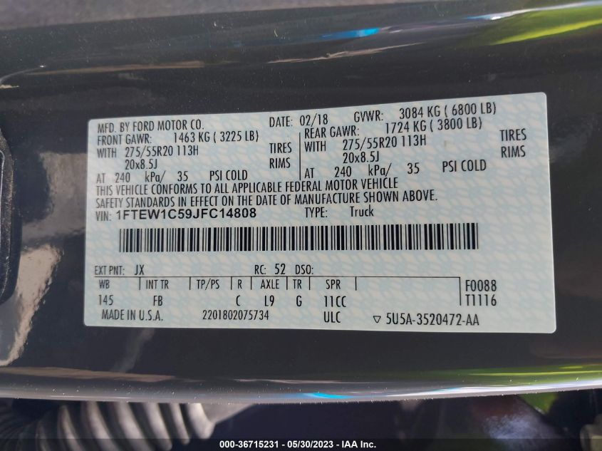 2018 FORD F-150 XL/XLT/LARIAT - 1FTEW1C59JFC14808