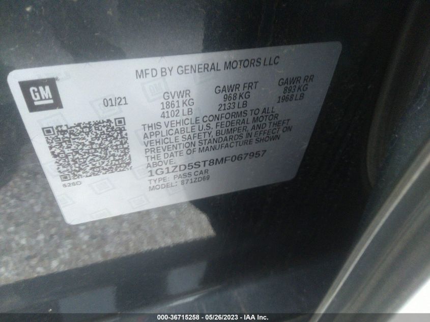 2021 CHEVROLET MALIBU LT - 1G1ZD5ST8MF067957