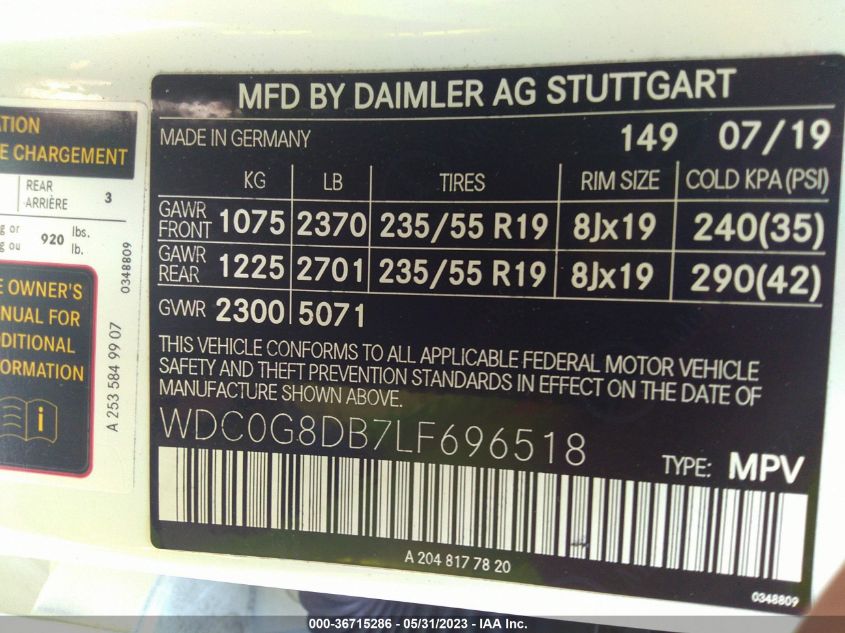 2020 MERCEDES-BENZ GLC GLC 300 - WDC0G8DB7LF696518