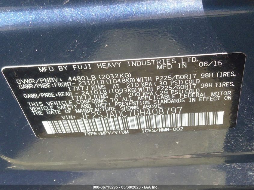 2016 SUBARU FORESTER 2.5I PREMIUM - JF2SJADC7GH408797