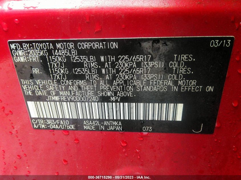 2013 TOYOTA RAV4 XLE - JTMWFREV9DD007240
