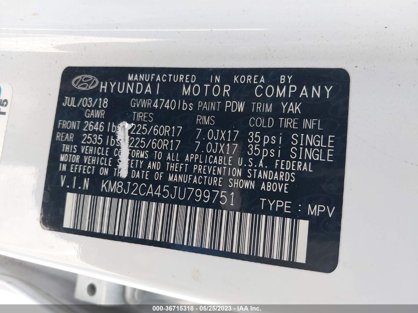 VIN KM8J2CA45JU799751 2018 HYUNDAI TUCSON SE