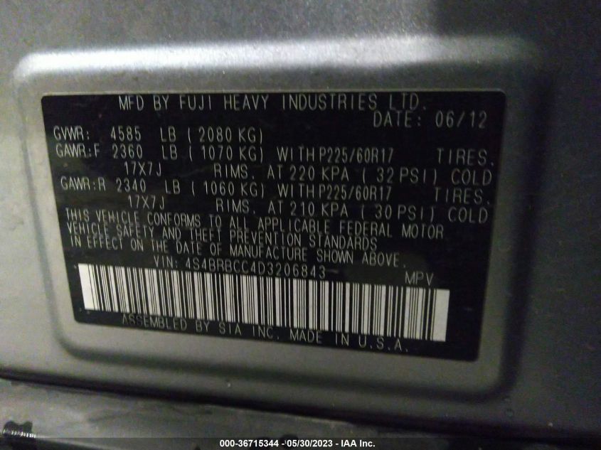 2013 SUBARU OUTBACK 2.5I PREMIUM - 4S4BRBCC4D3206843