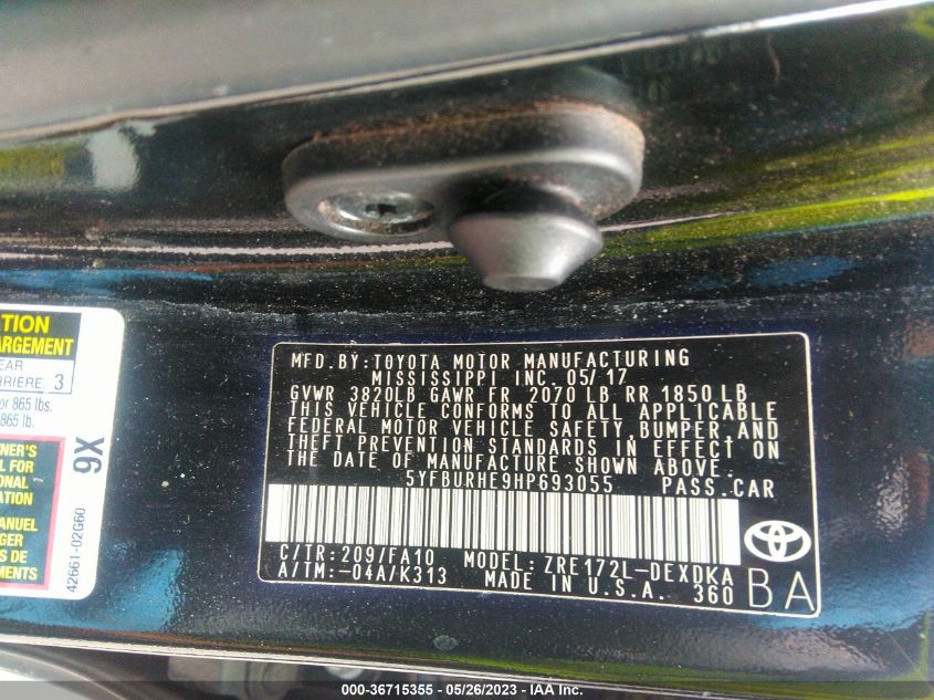 2017 TOYOTA COROLLA L/LE/XLE/SE - 5YFBURHE9HP693055