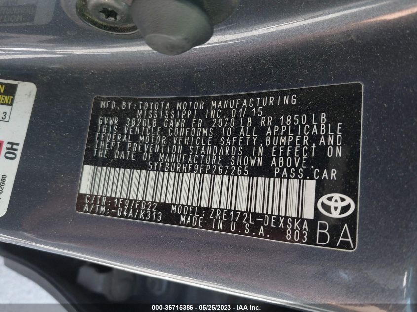 2015 TOYOTA COROLLA L/LE/S/S PLUS/LE PLUS - 5YFBURHE9FP267265