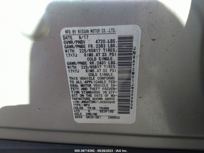 2018 NISSAN ROGUE SV - JN8AT2MV1JW300906