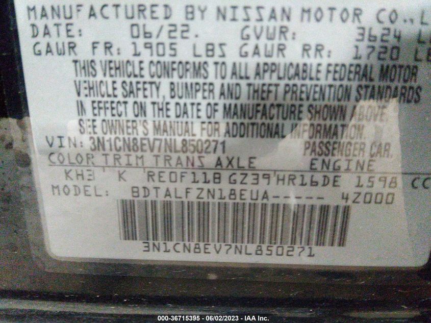 2022 NISSAN VERSA SV - 3N1CN8EV7NL850271