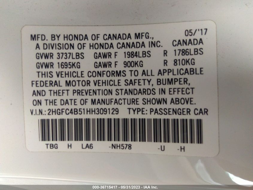 2017 HONDA CIVIC COUPE LX - 2HGFC4B51HH309129