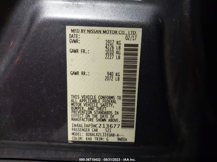 2017 NISSAN ALTIMA 2.5 SL - 1N4AL3AP3HC213677