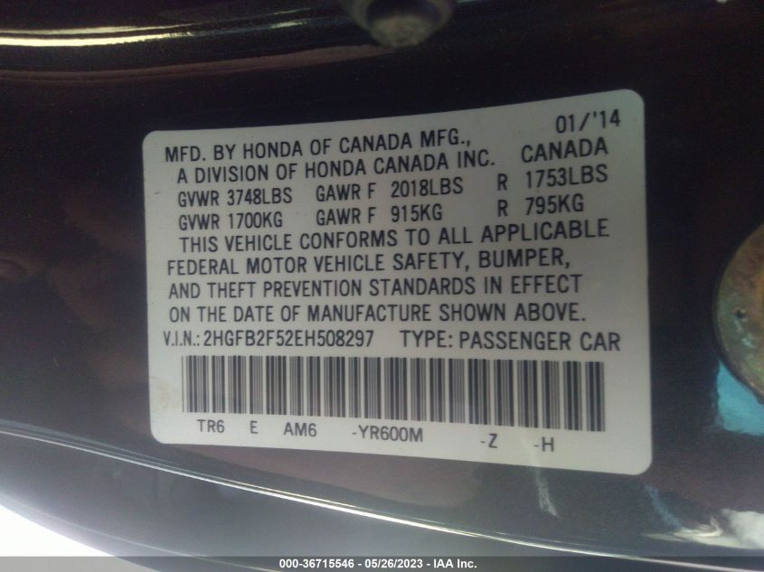 2014 HONDA CIVIC SEDAN LX - 2HGFB2F52EH508297