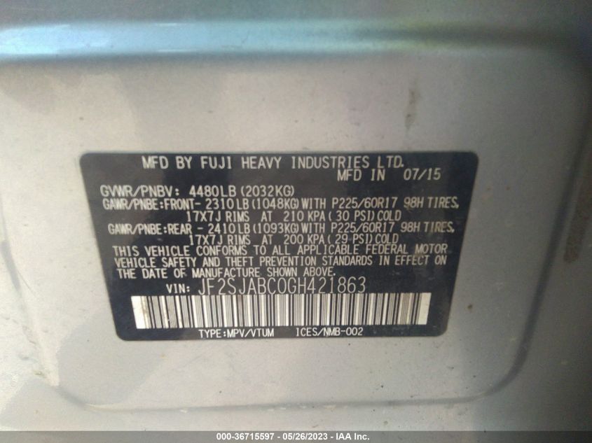 2016 SUBARU FORESTER 2.5I - JF2SJABC0GH421863