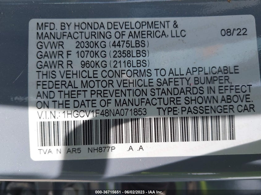 VIN 1HGCV1F48NA071853 2022 HONDA ACCORD SEDAN SPORT SE