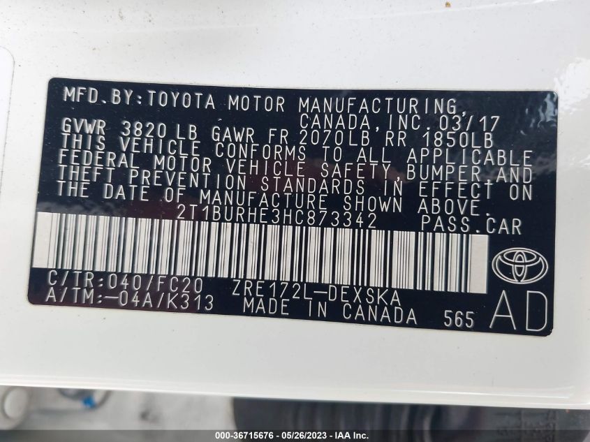 2017 TOYOTA COROLLA L/LE/XLE/SE - 2T1BURHE3HC873342