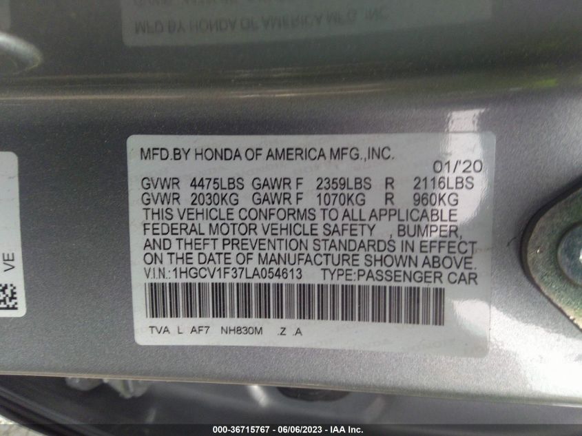 2020 HONDA ACCORD SEDAN SPORT - 1HGCV1F37LA054613