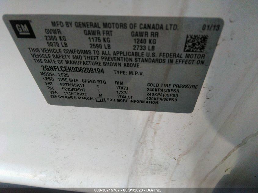 2013 CHEVROLET EQUINOX LS - 2GNFLCEK9D6258194